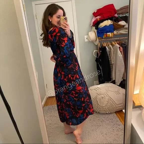 Hunter Bell New York Blue Red Black Floral V Neck Long Sleeve Maxi Dress Gown 2